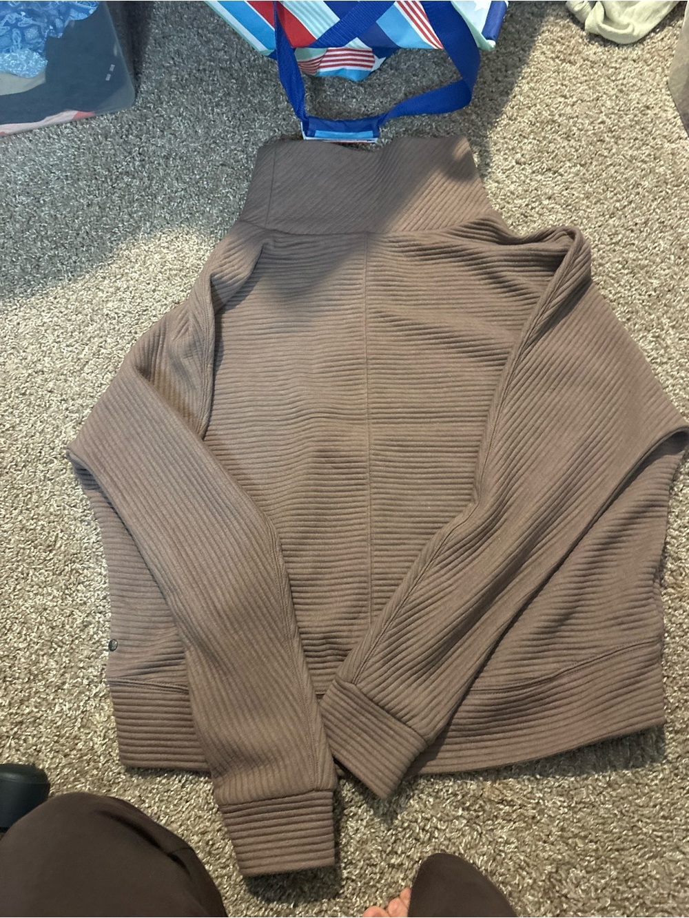 Zella Brown Ribbed Funnel Neck Sweatshirt